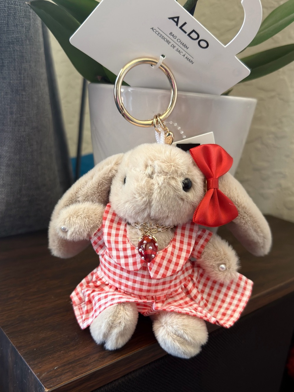Aldo Gold-Tone Ring Keychain with Beige Plush Bunny and Red Gingham Dress